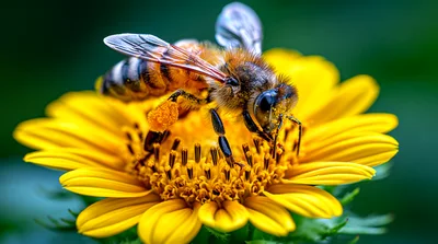 Honey Bee Collecting Pollen on a Yellow Flower