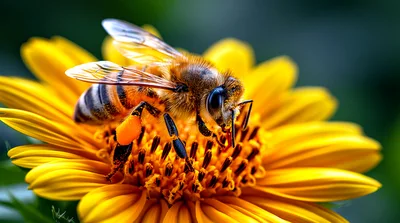 Honey Bee Collecting Pollen On A Yellow Flower
