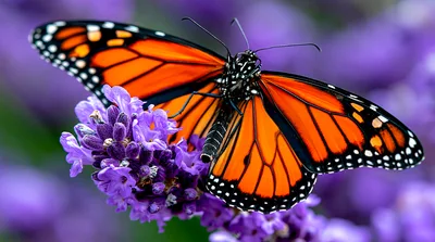 Monarch Butterfly Resting On Purple Lavender Flowers