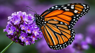 Monarch Butterfly Feeding On Purple Lavender Flowers