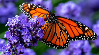 Monarch Butterfly Resting On Vibrant Purple Lavender Flowers