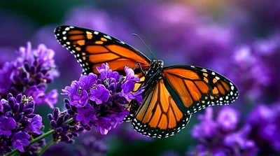 Monarch Butterfly Resting On Vibrant Purple Lavender Flowers