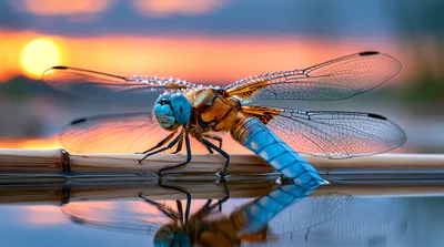 Blue Dragonfly Resting On A Reed At Sunset