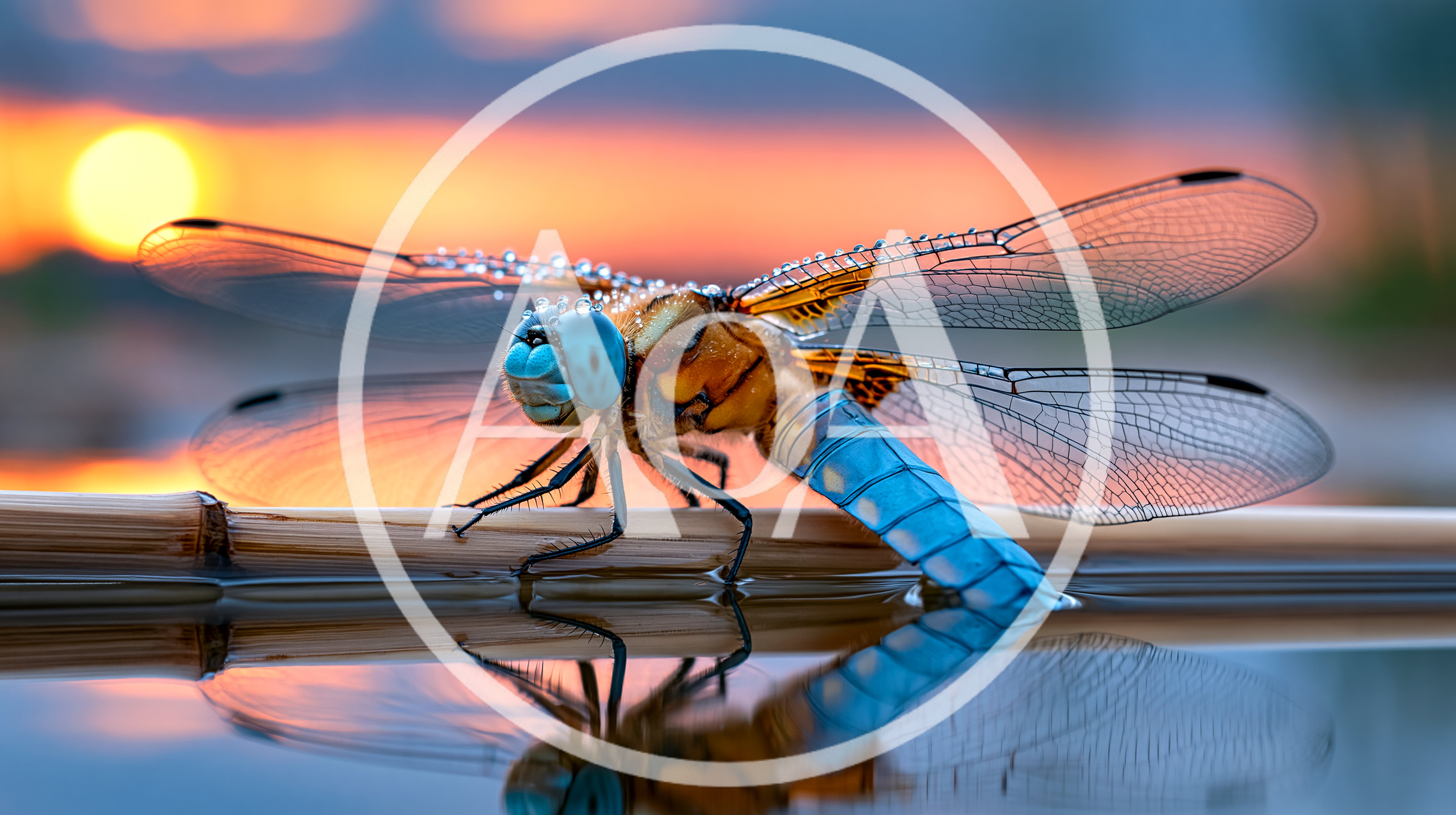 Blue Dragonfly Resting On A Reed At Sunset
