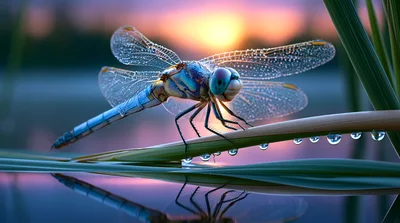 Blue Dragonfly Resting On A Dewy Reed