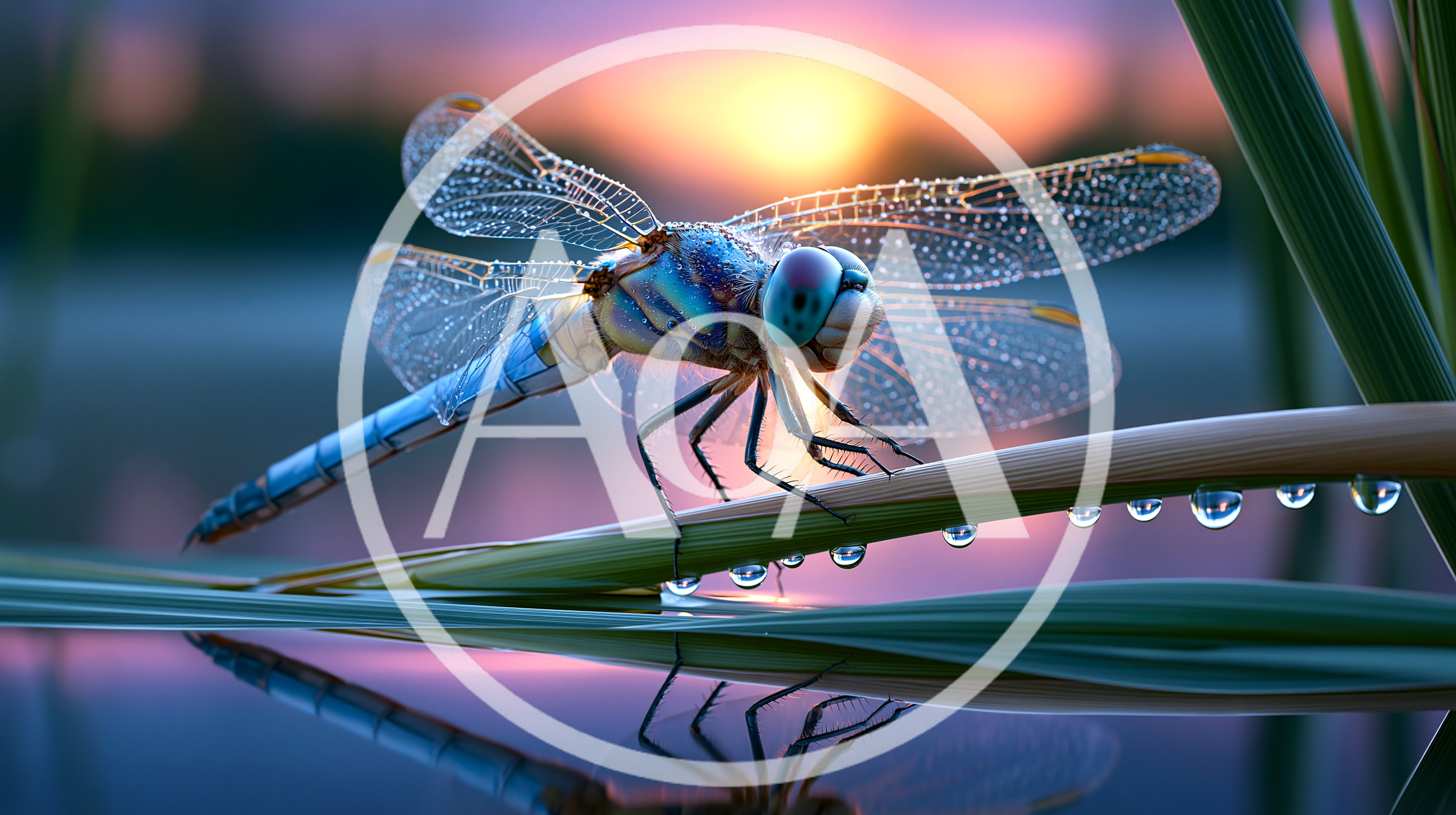 Blue Dragonfly Resting On A Dewy Reed