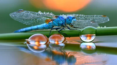 Blue Dragonfly Resting On A Green Stem