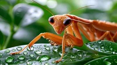 Orange Praying Mantis Resting On Dewy Green Leaf