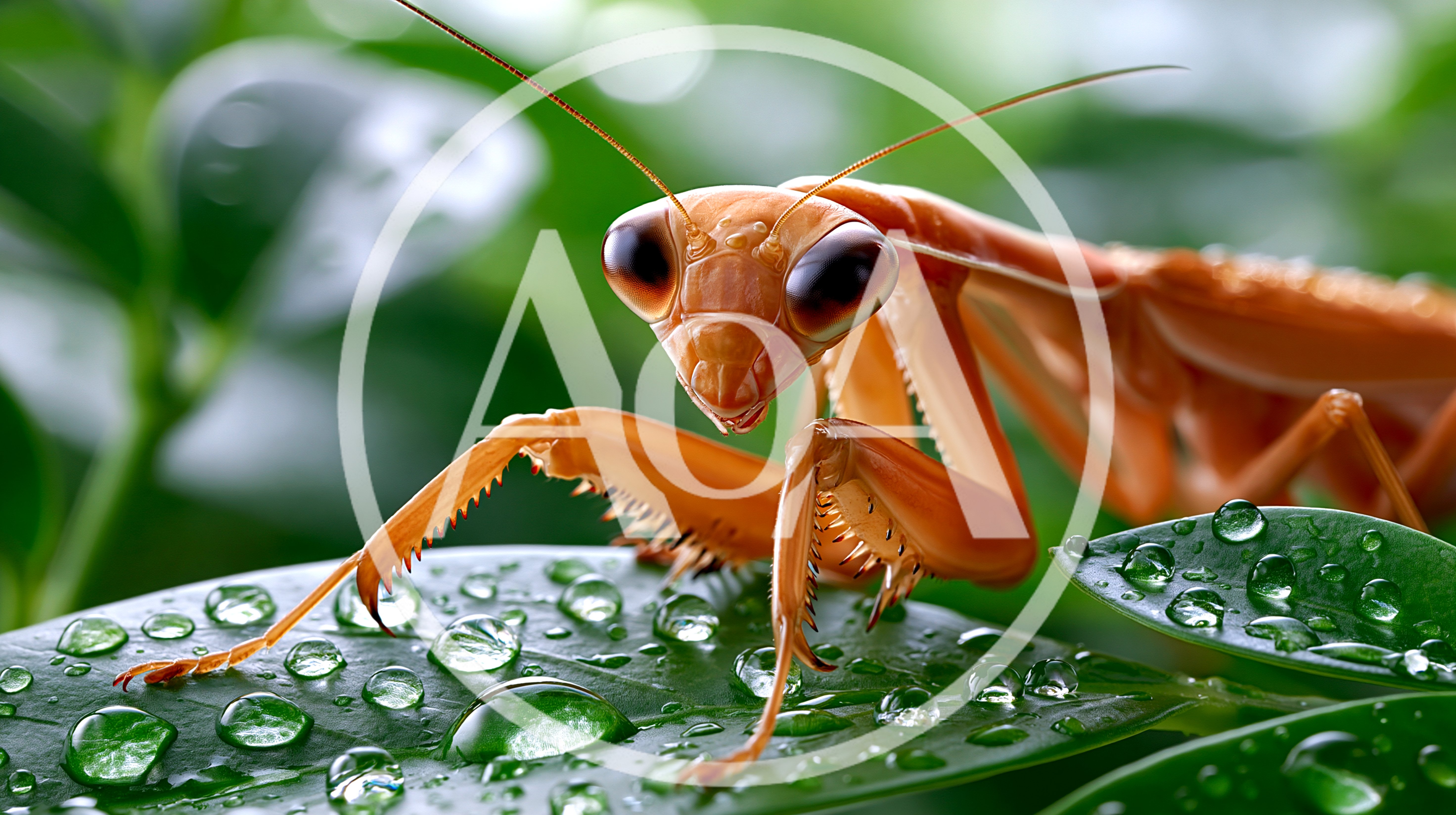 Orange Praying Mantis Resting On Dewy Green Leaf