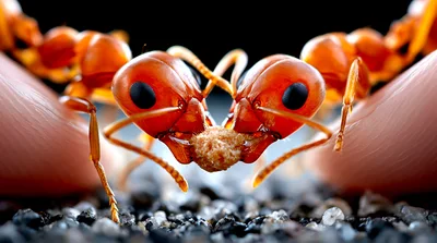 Two Red Ants Holding A Food Particle
