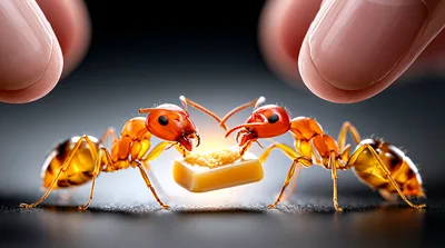 Two Ants Interacting With A Small Piece Of Food