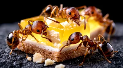 Red Ants Eating A Piece Of Lemon Dessert