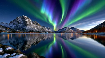 Vibrant Aurora Borealis Over Snowy Mountain Lake