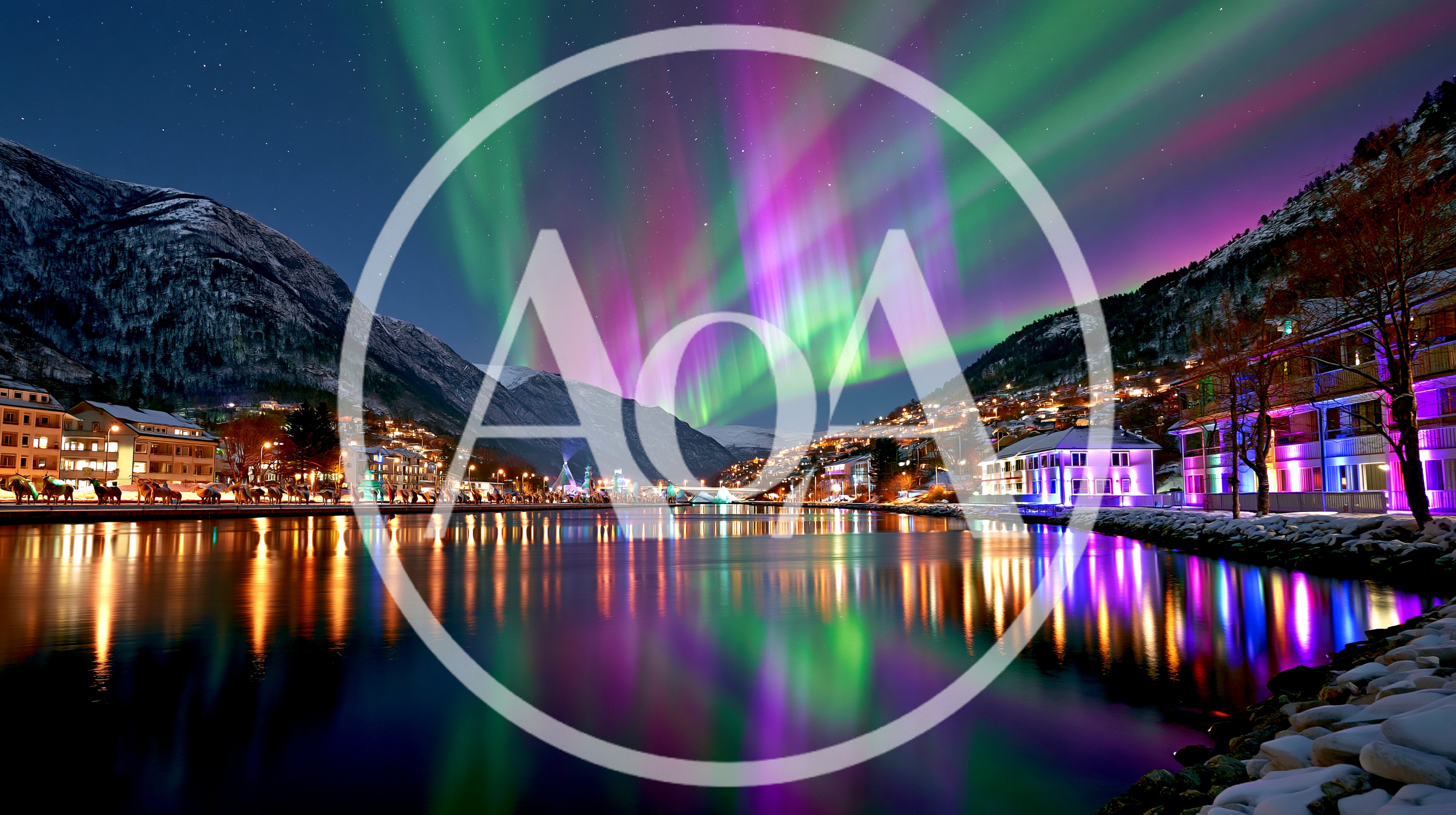 Vibrant Aurora Borealis Over A Snowy Norwegian Town