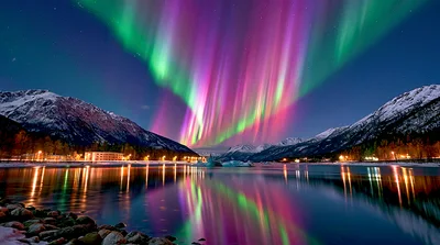 Vibrant Aurora Borealis Over Snowy Mountain Lake