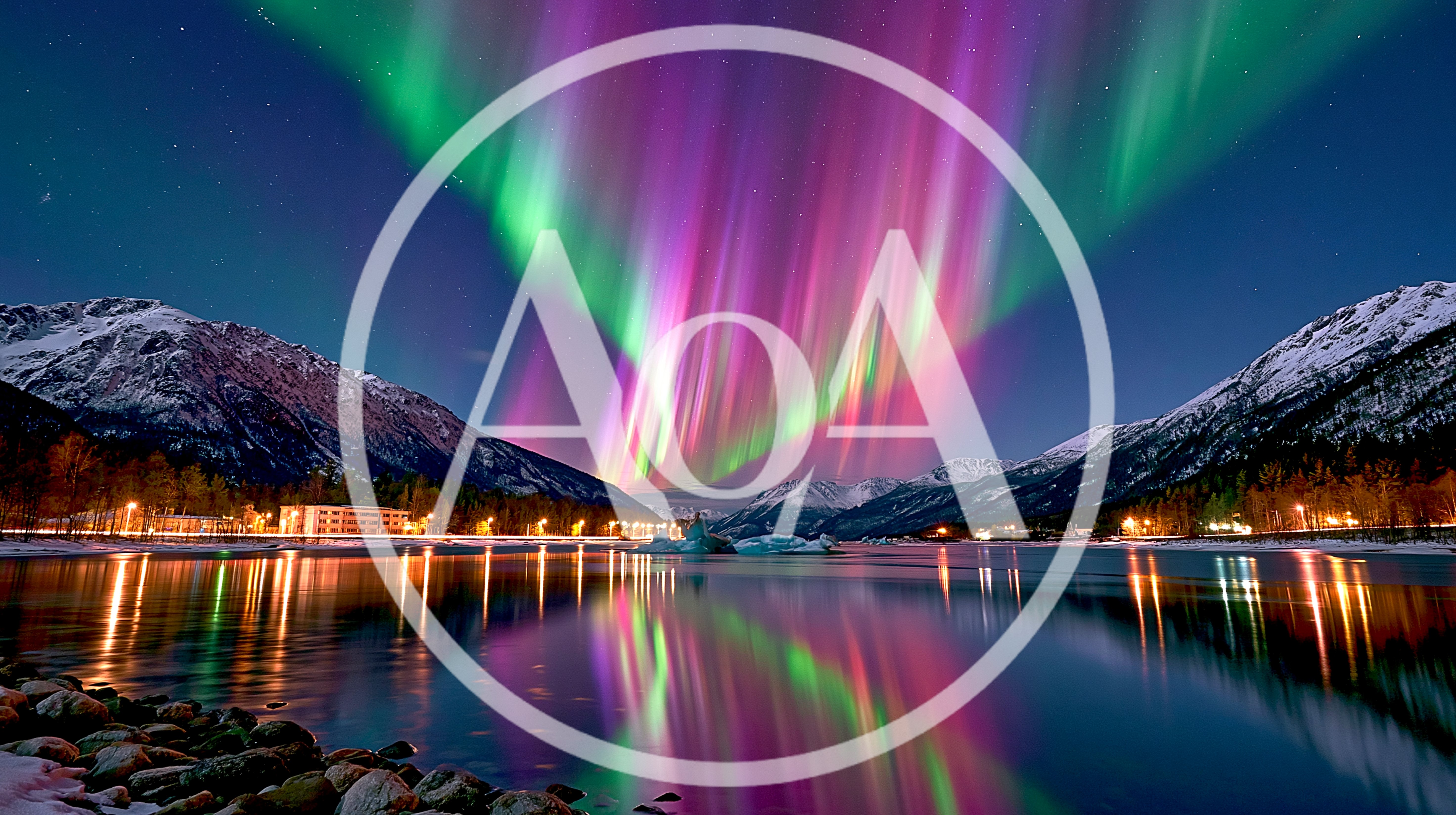 Vibrant Aurora Borealis Over Snowy Mountain Lake
