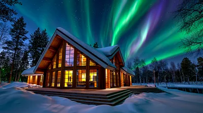 Modern Wooden Cabin Under Vibrant Northern Lights