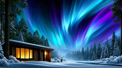 Cozy Cabin Under Vibrant Aurora Borealis Night Sky