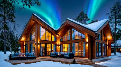 Modern Wooden Cabin Under Vibrant Northern Lights