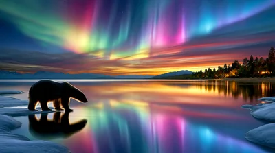 Polar Bear Walking Along Frozen Shore Under Aurora Borealis