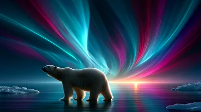Polar Bear Walking Under Vibrant Aurora Borealis