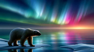 Polar Bear Walking On Ice Under Northern Lights