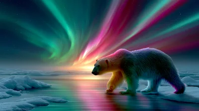 Polar Bear Walking Across Arctic Ice Under Aurora Borealis