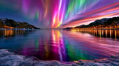 Vibrant Aurora Borealis Over A Calm Arctic Lake