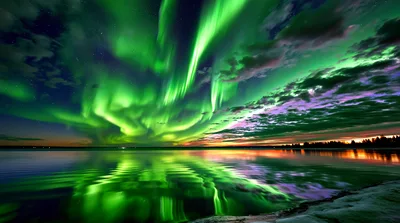 Vibrant Aurora Borealis Reflecting Over A Calm Lake