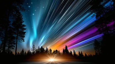 Abstract Aurora Borealis Light Streaks Over Forest Silhouette