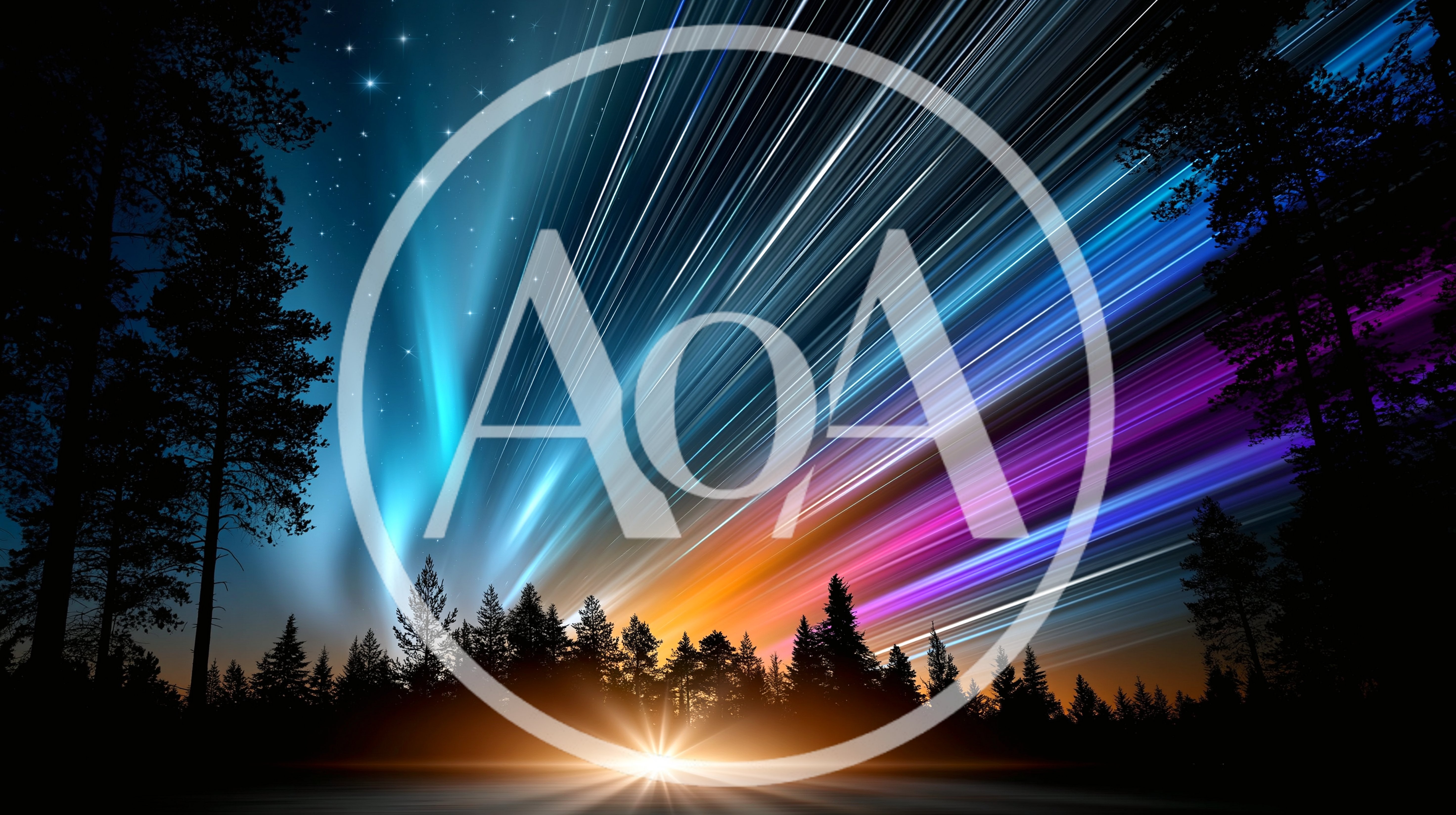 Abstract Aurora Borealis Light Streaks Over Forest Silhouette