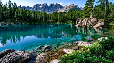 Crystal Clear Waters Of Lake Carezza In The Dolomites