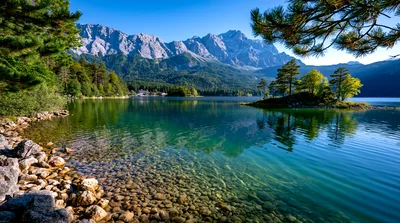 Eibsee Lake With Zugspitze Mountain Range In Bavaria