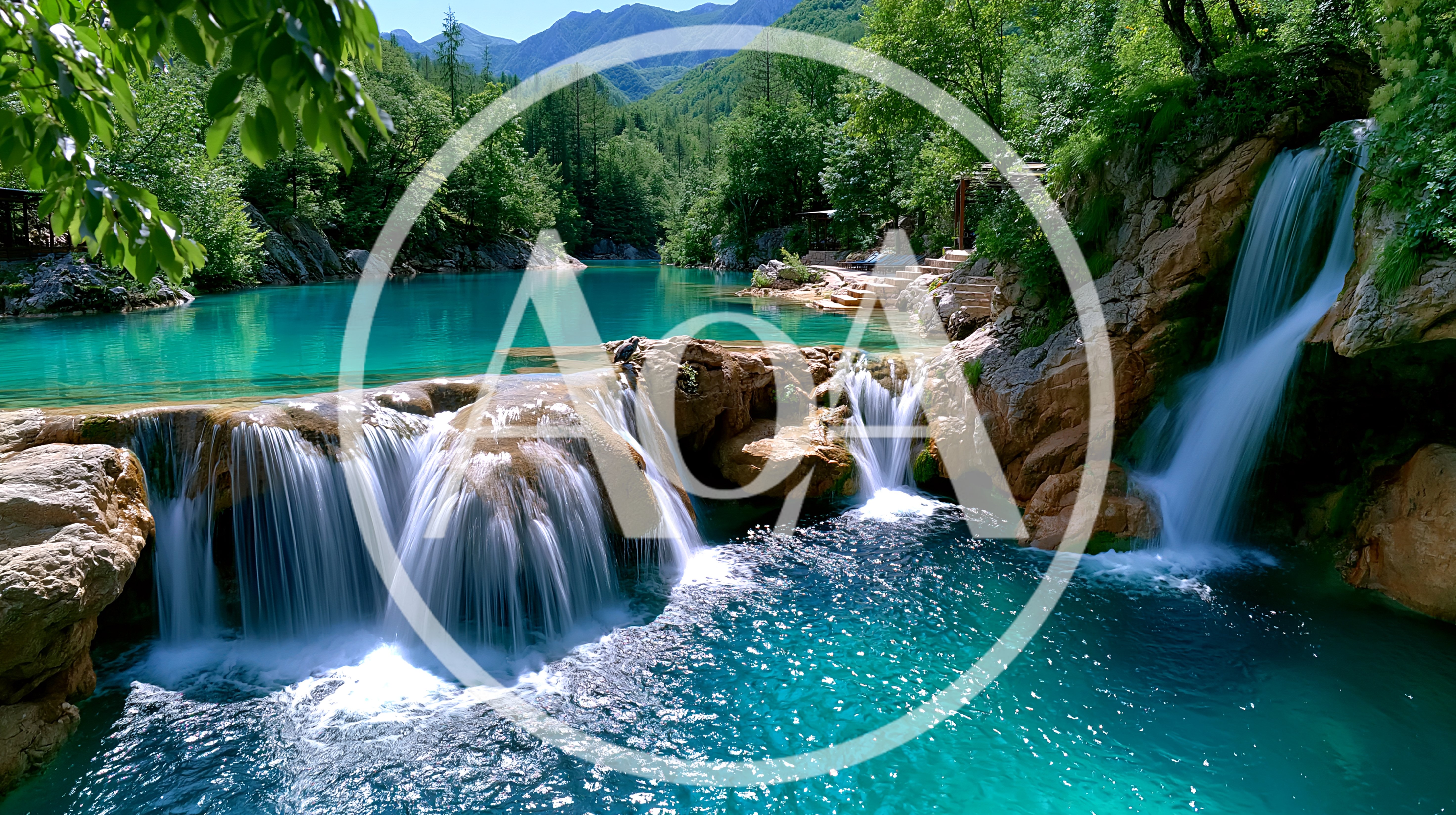 Cascading Waterfalls Into A Turquoise Mountain River