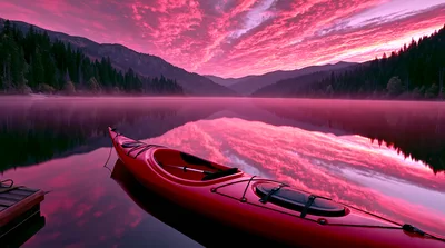 Red Kayak Floating on Calm Lake at Sunset