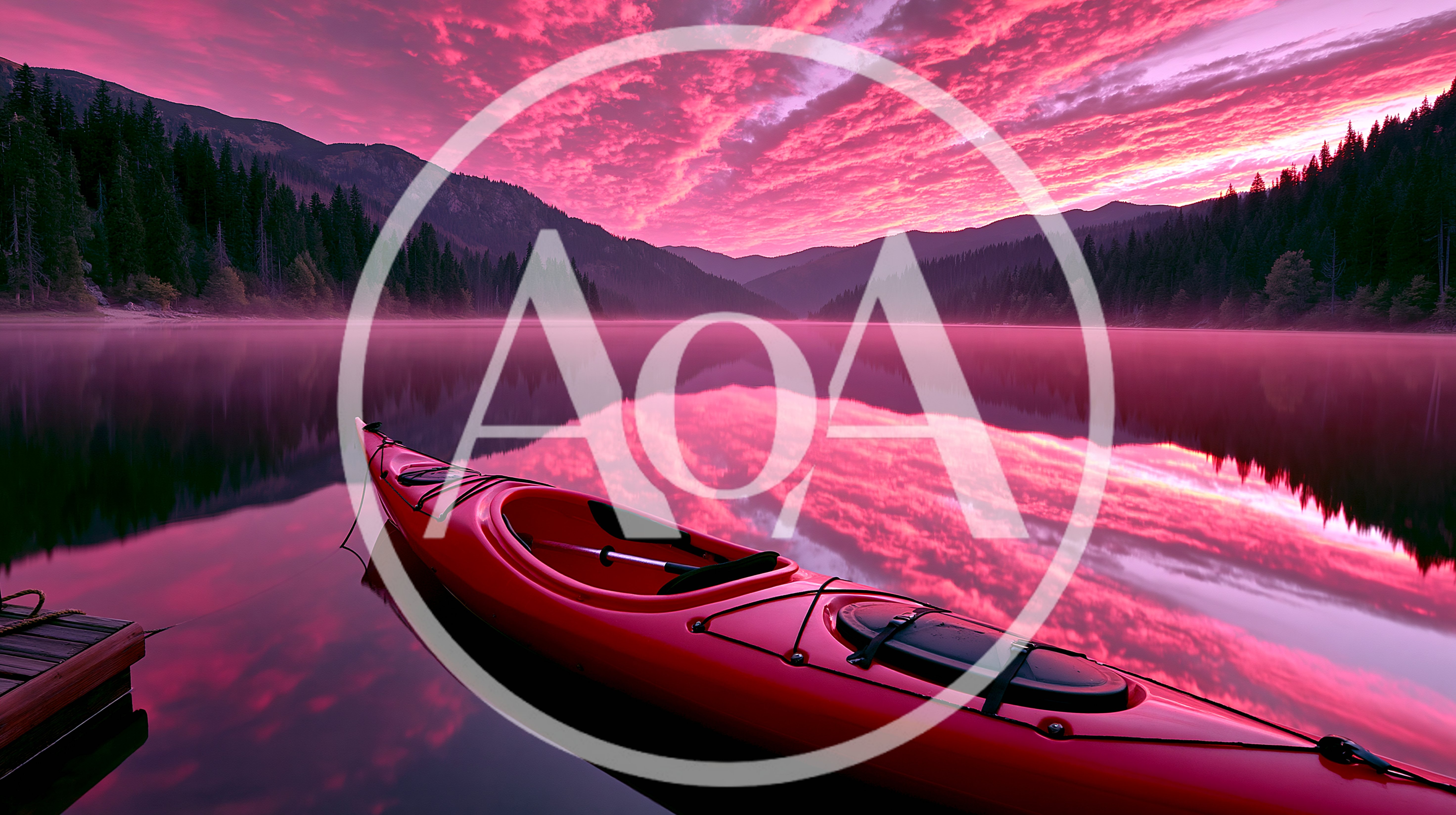 Red Kayak Floating on Calm Lake at Sunset