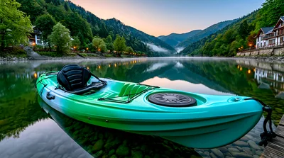 Teal Kayak Floating on Calm Mountain Lake