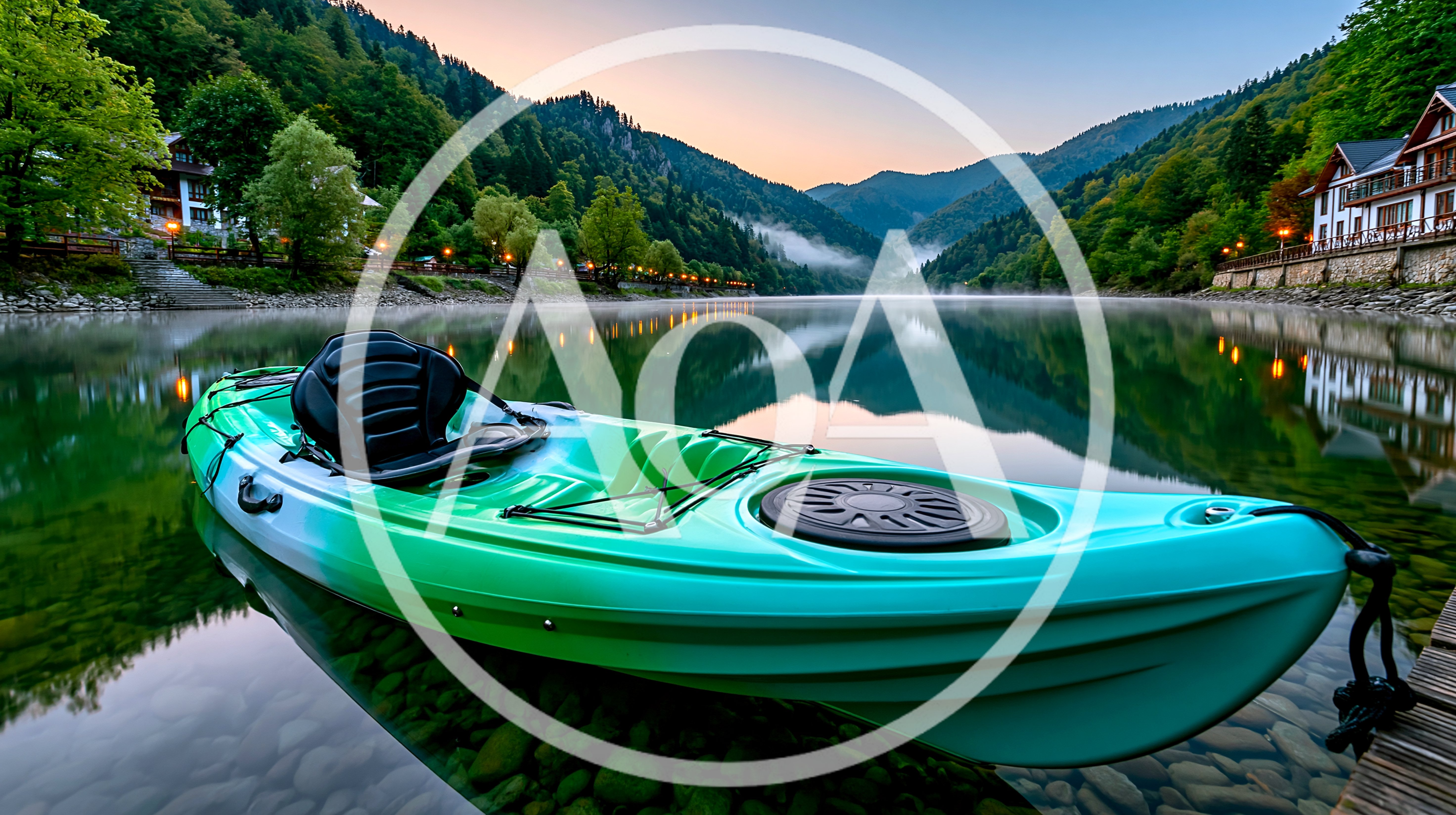 Teal Kayak Floating on Calm Mountain Lake