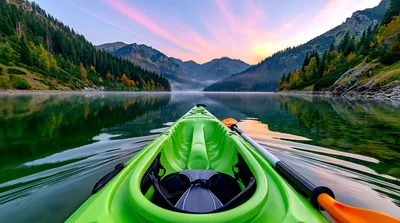 First Person View Kayaking On A Calm Mountain Lake