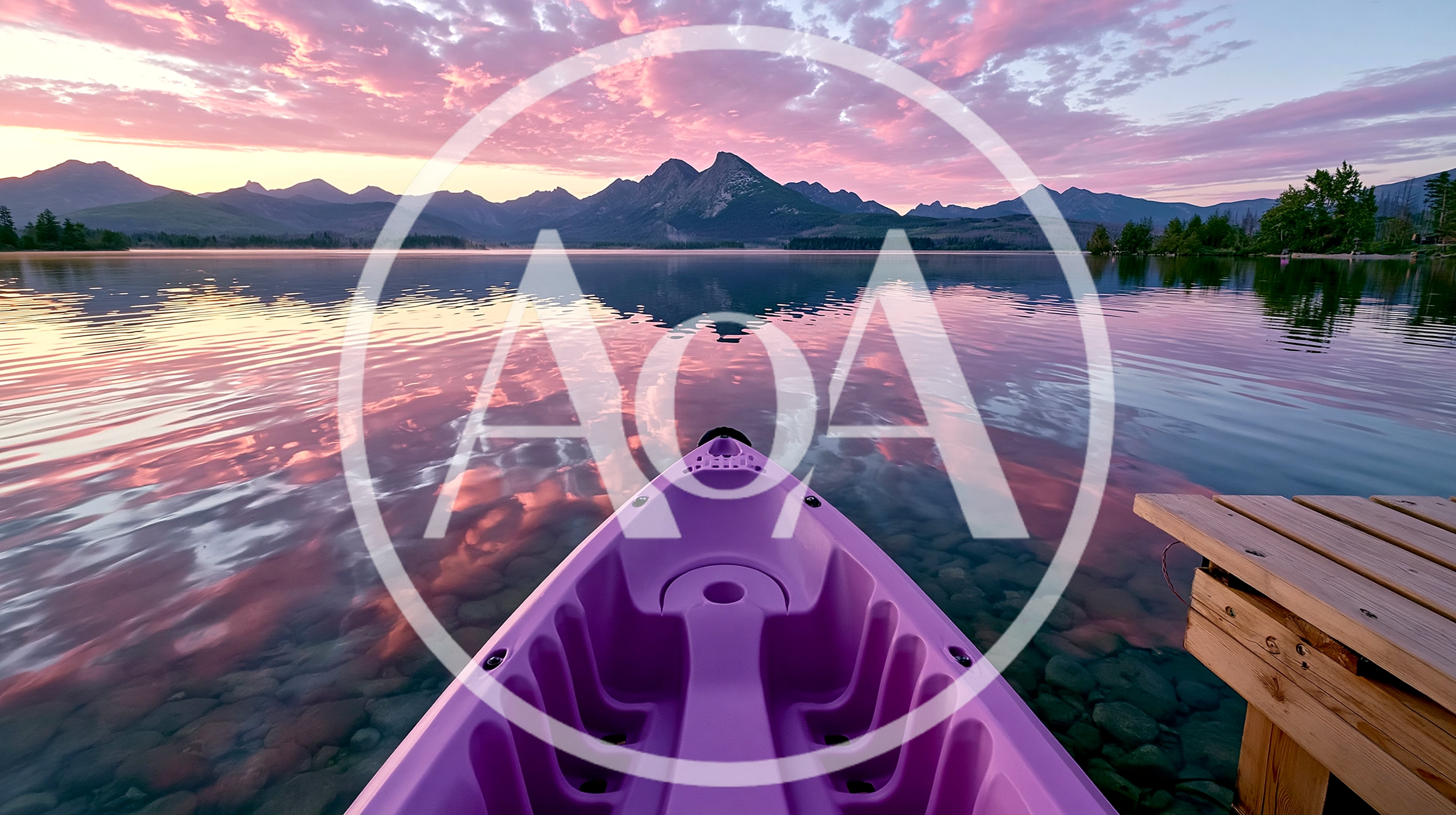 Purple Kayak Floating On A Calm Mountain Lake