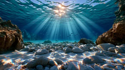 Sunlight Rays Piercing Through Clear Underwater Ocean Surface