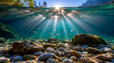 Sunlight Beams Piercing Through Clear Underwater Lake Surface