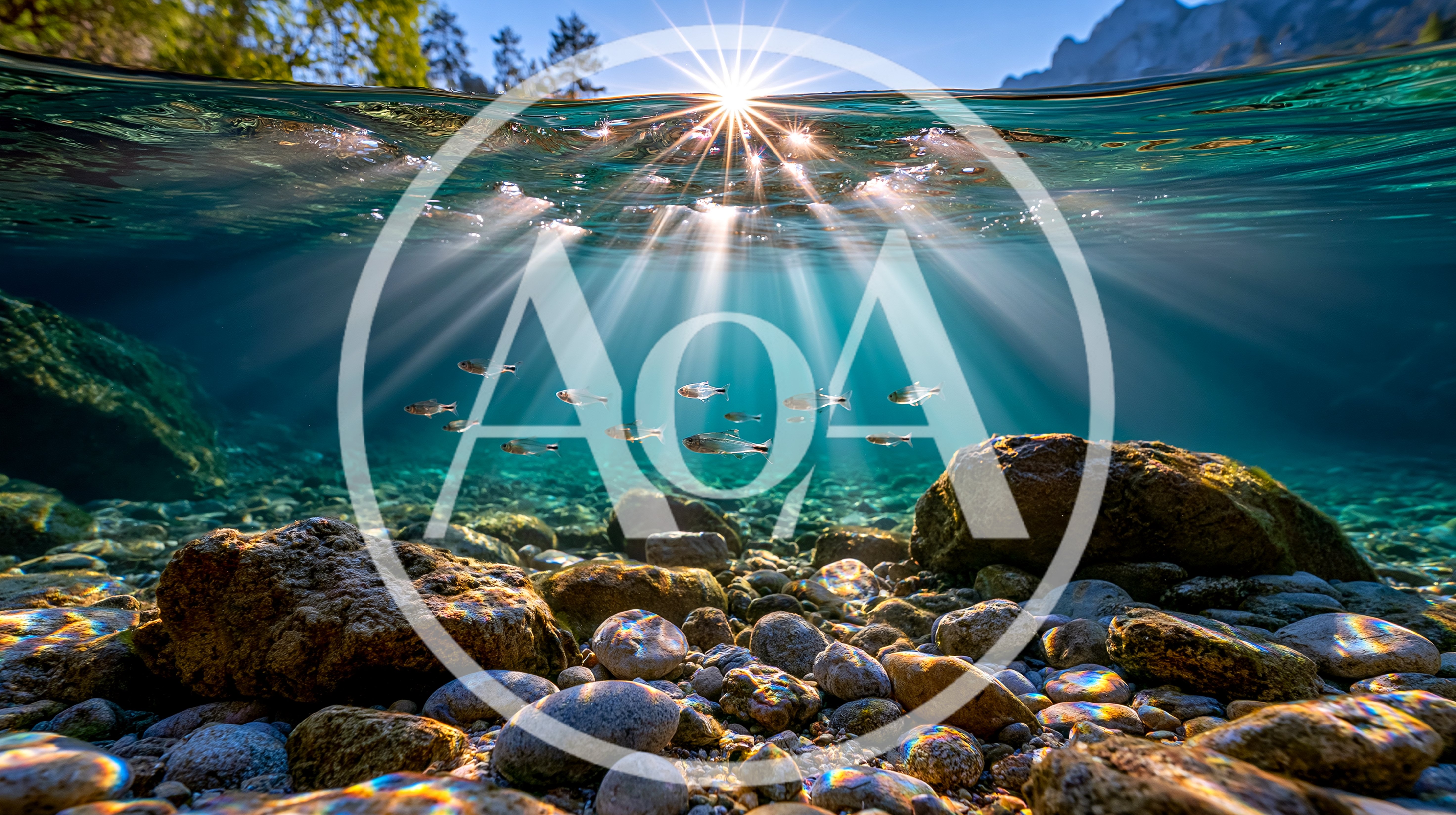 Sunlight Beams Piercing Through Clear Underwater Lake Surface