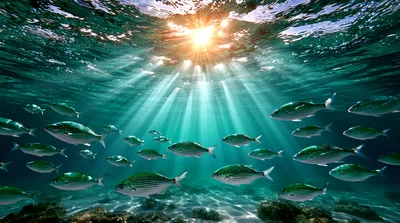 School Of Fish Swimming In Sunlit Ocean Waters