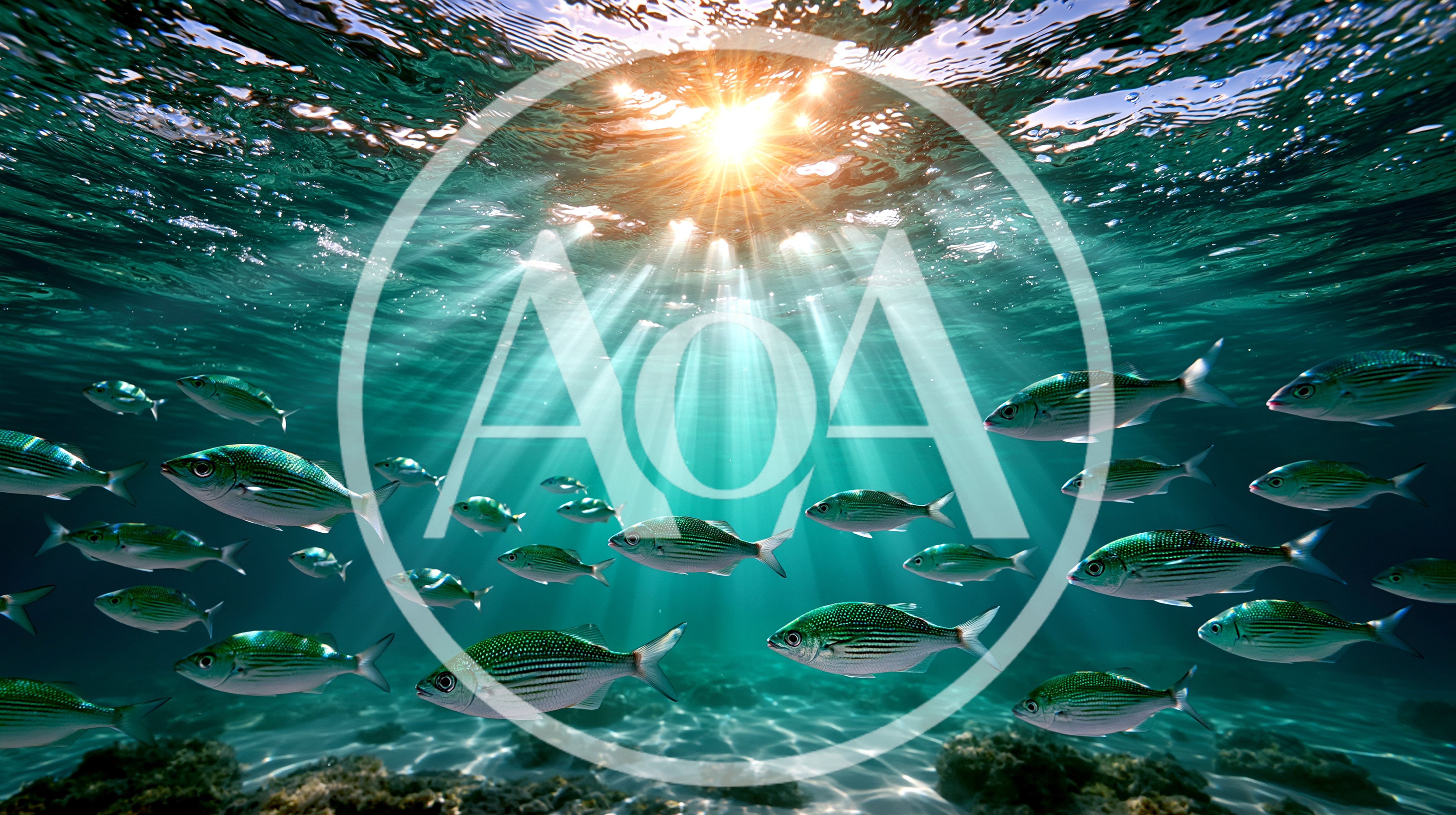 School Of Fish Swimming In Sunlit Ocean Waters