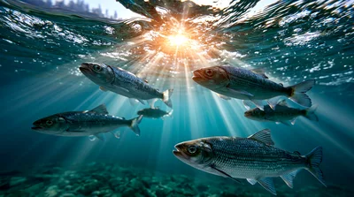 School Of Fish Swimming In Clear Underwater Sunlight
