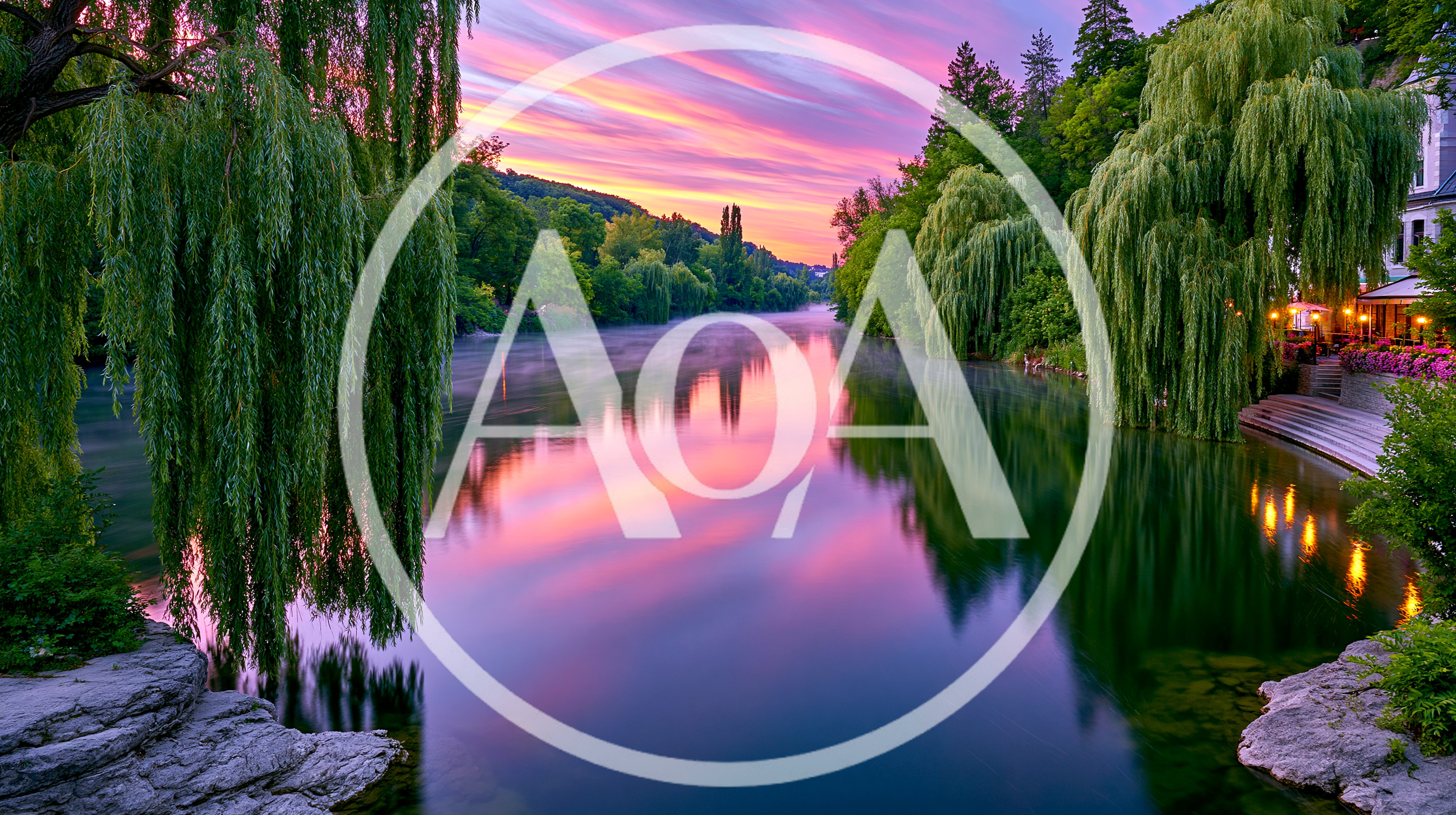 Serene River Landscape With Weeping Willows At Sunset