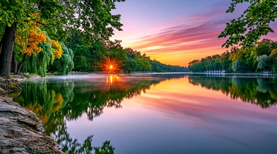 Serene Sunset Over A Calm Forest Lake