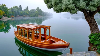Wooden Sightseeing Boat Moored on Calm Lake