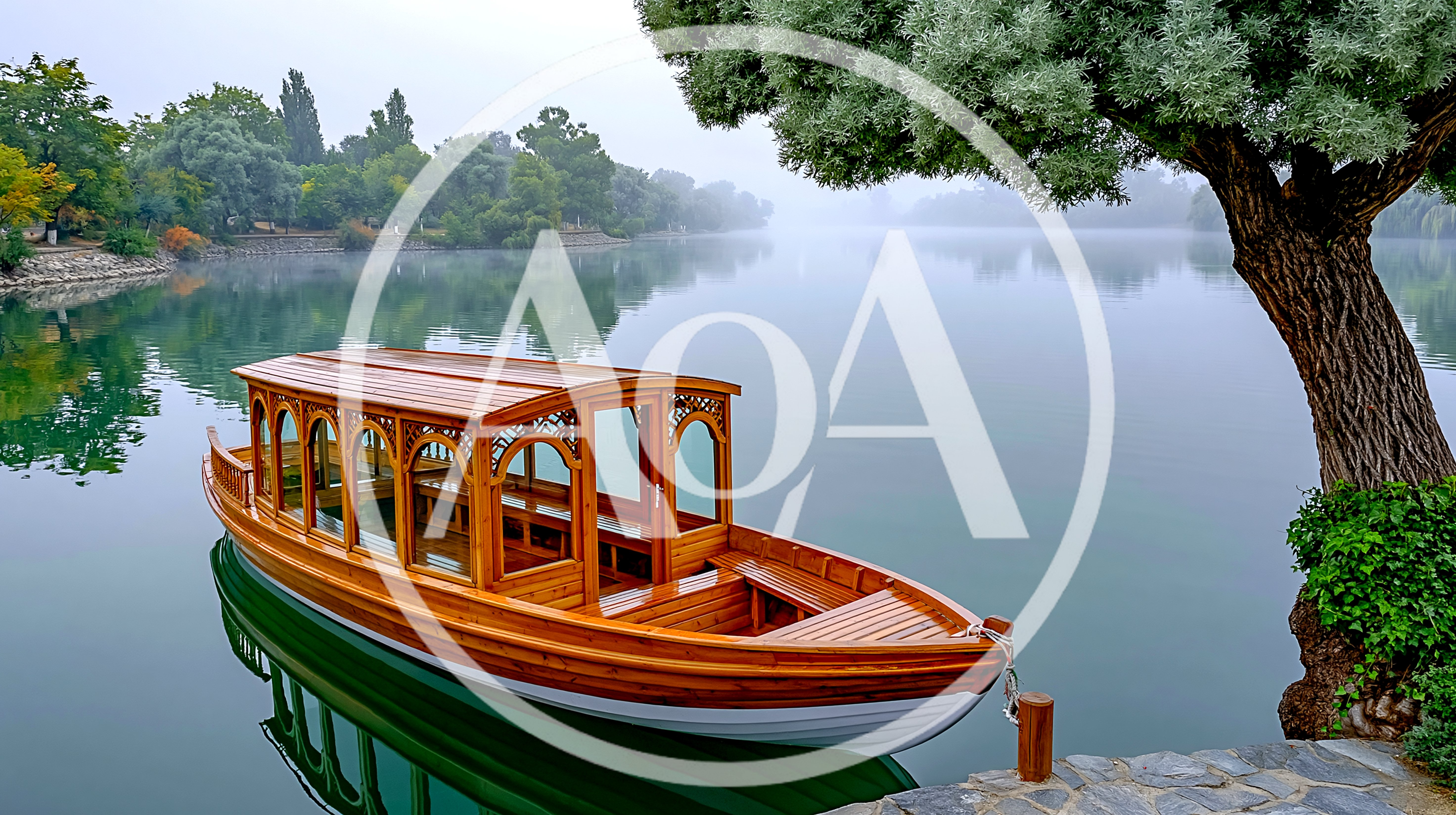 Wooden Sightseeing Boat Moored on Calm Lake